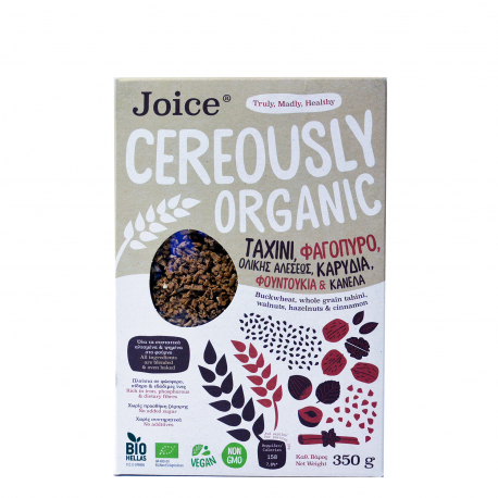 Joice foods δημητριακά cereously organic με φαγόπυρο, ταχίνι ολικής άλεσης, καρύδια, φουντούκια & κανέλα - βιολογικό, vegan, προϊόντα που μας ξεχωρίζουν (350g)