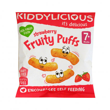 Kiddylicious σνακ καλαμποκιού παιδικό fruity puffs strawberry - χωρίς γλουτένη, προϊόντα που μας ξεχωρίζουν 7+ μηνών (10g)