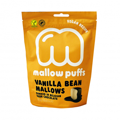 Mallow puffs ζαχαρωτά marshmallows vanilla bean in dark chocolate - vegan (100g)