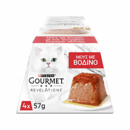 Purina τροφή γάτας gourmet revelation μους με βοδινό & συντριβάνι ζουμερής σάλτσας (4x57g)